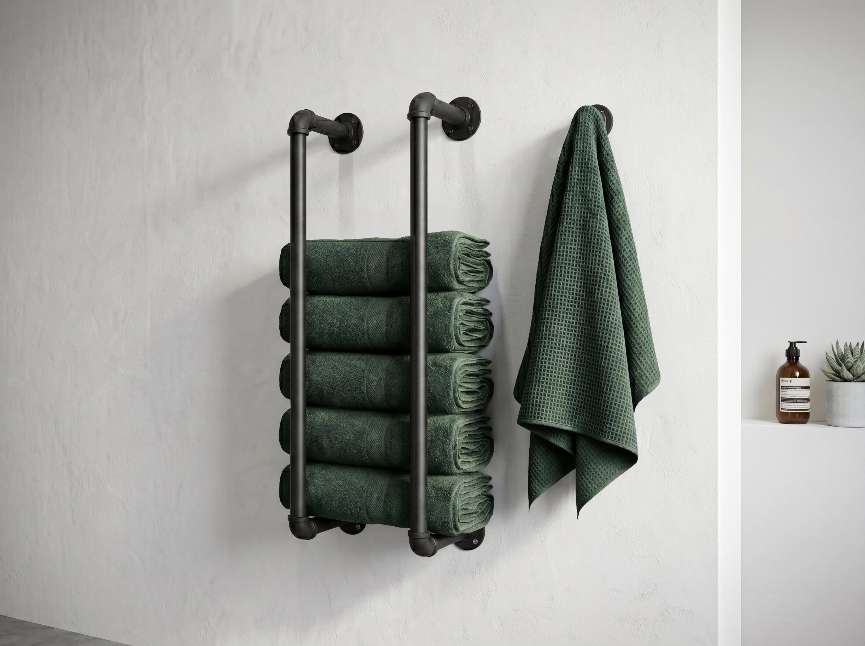 Industrial Pipe Towel Rack | Wall Mounted Bathroom Towel Holder | Black Rolled Towel Storage | Rustic Bath Rail | Vertical Towel Ladder