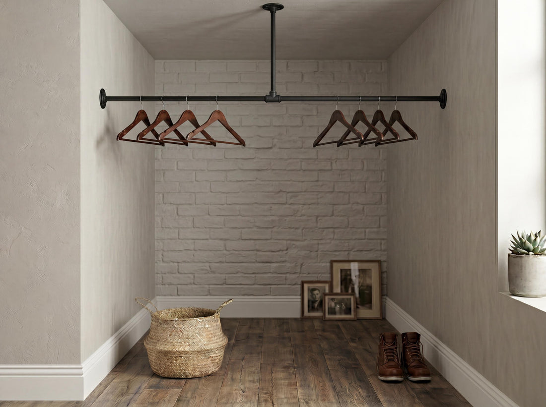 Industrial Pipe Clothing Rack | Wall To Wall &amp; Ceiling Mounted Clothes Rail | Black Iron Garment Rack | Open Wardrobe | Custom Size Boutique