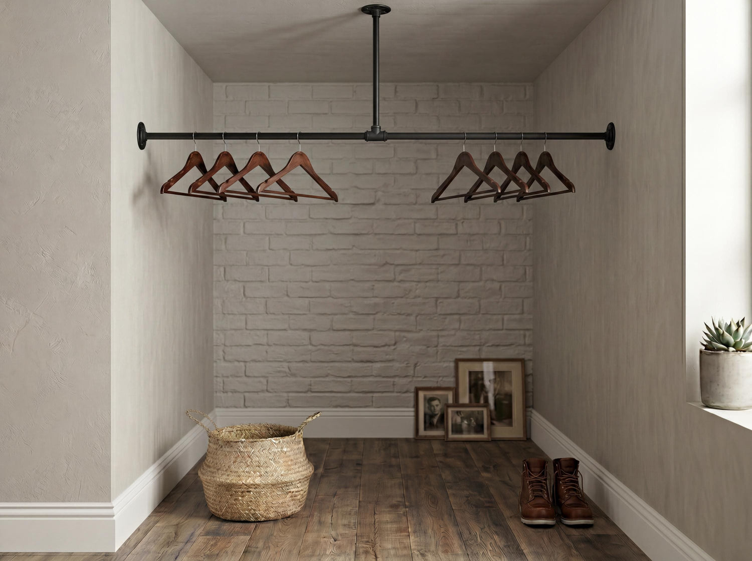 Industrial Pipe Clothing Rack | Wall To Wall &amp; Ceiling Mounted Clothes Rail | Black Iron Garment Rack | Open Wardrobe | Custom Size Boutique