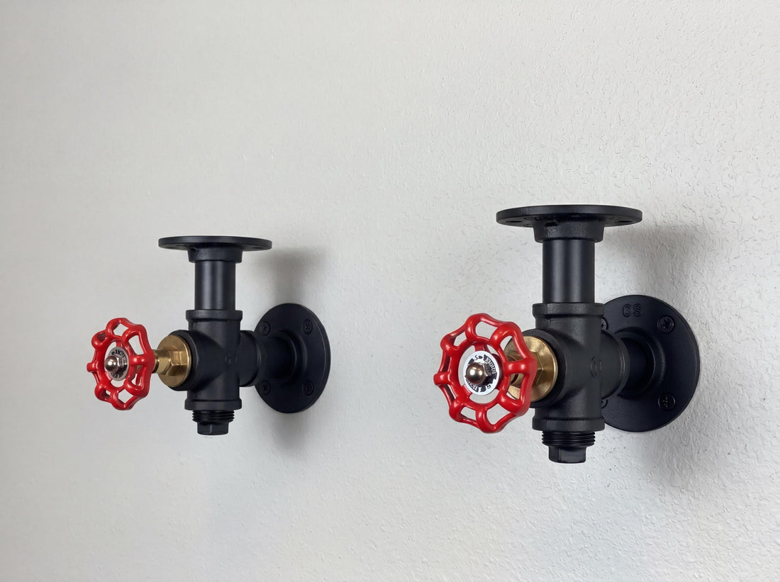 Steampunk Shelf Brackets Set of 2 | Industrial Pipe Wall Brackets with Red Valve | Rustic Shelving Hardware | Handcrafted in UK