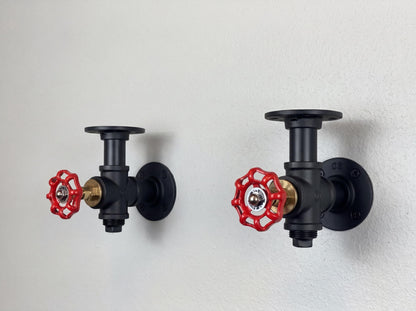 Steampunk Shelf Brackets Set of 2 | Industrial Pipe Wall Brackets with Red Valve | Rustic Shelving Hardware | Handcrafted in UK