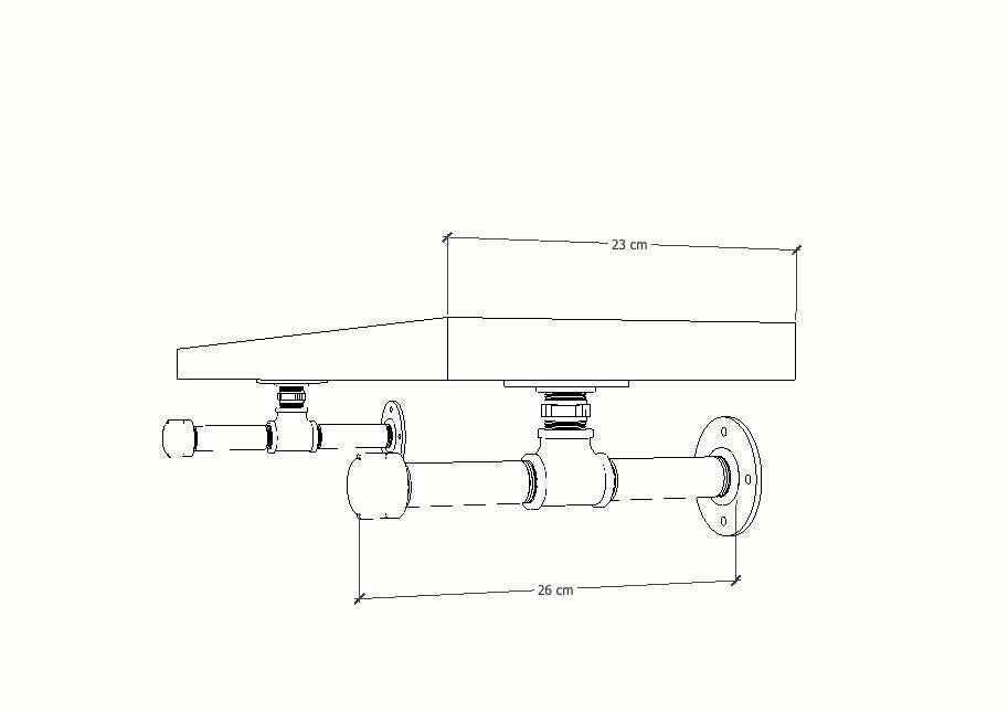 Wall-mounted industrial shelf with a wooden shelf and metal pipe fittings, featuring a hanging rail for clothes storage.