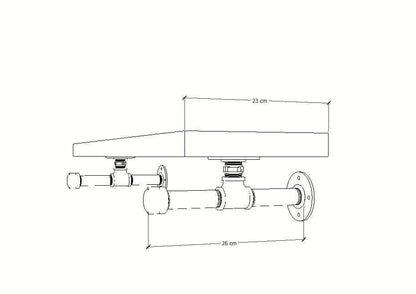 Wall-mounted industrial shelf with a wooden shelf and metal pipe fittings, featuring a hanging rail for clothes storage.