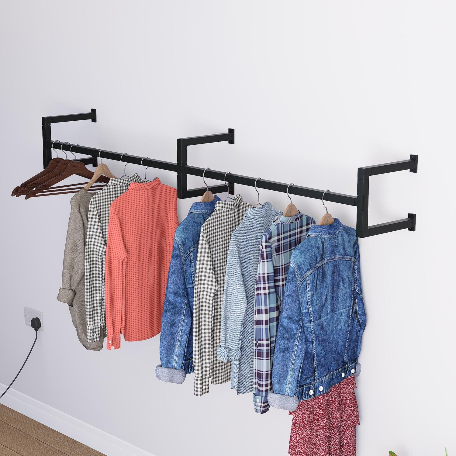 Minimalist Double Clothes Rail | Modern Wall Mounted Double Garment Rack | Industrial Floating Rail for Wardrobes, Entryways, Boutiques
