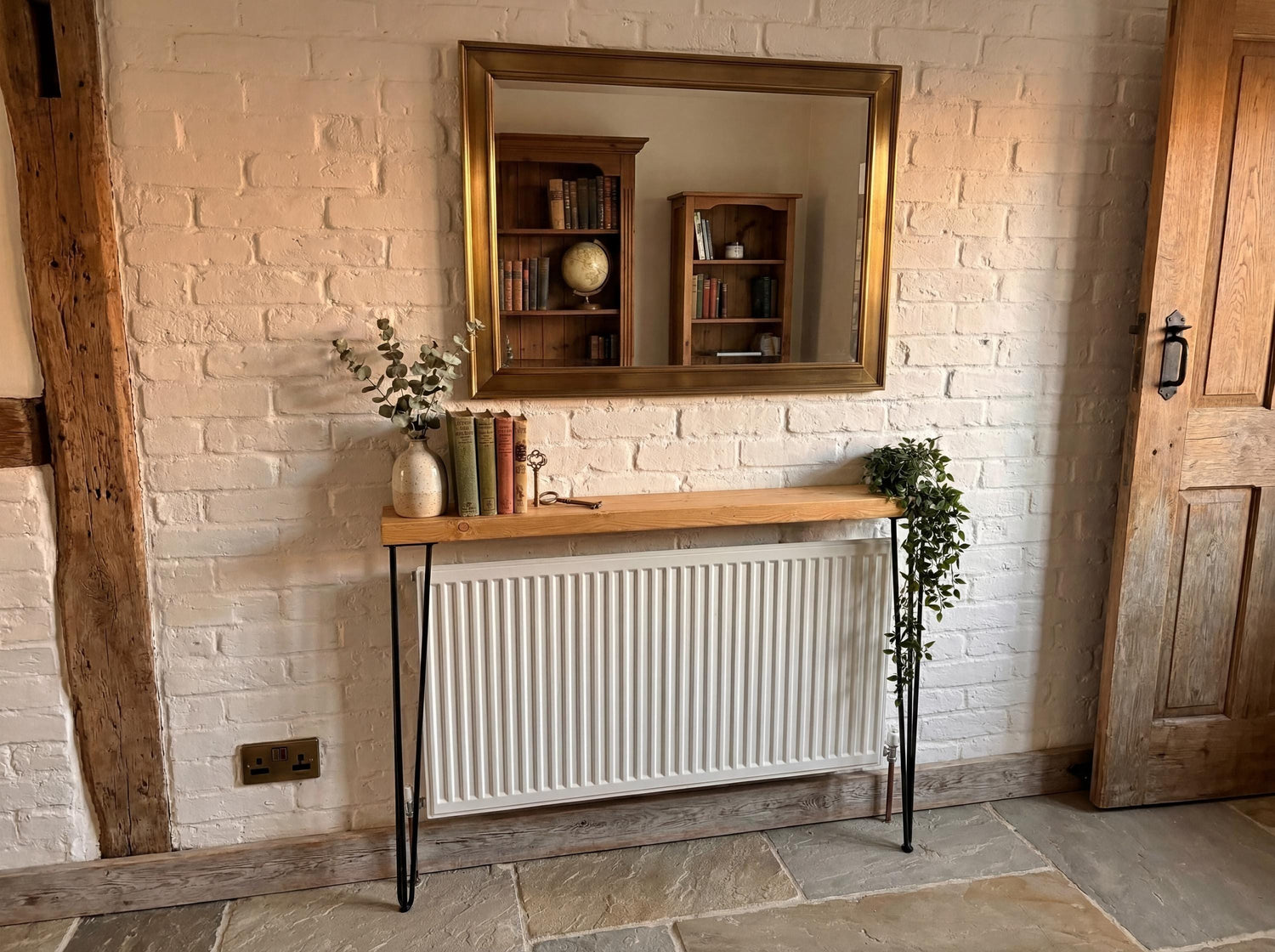 Rustic console table with black 3 pin hairpin legs narrow hallway radiator shelf slim industrial style table hall table radiator cover