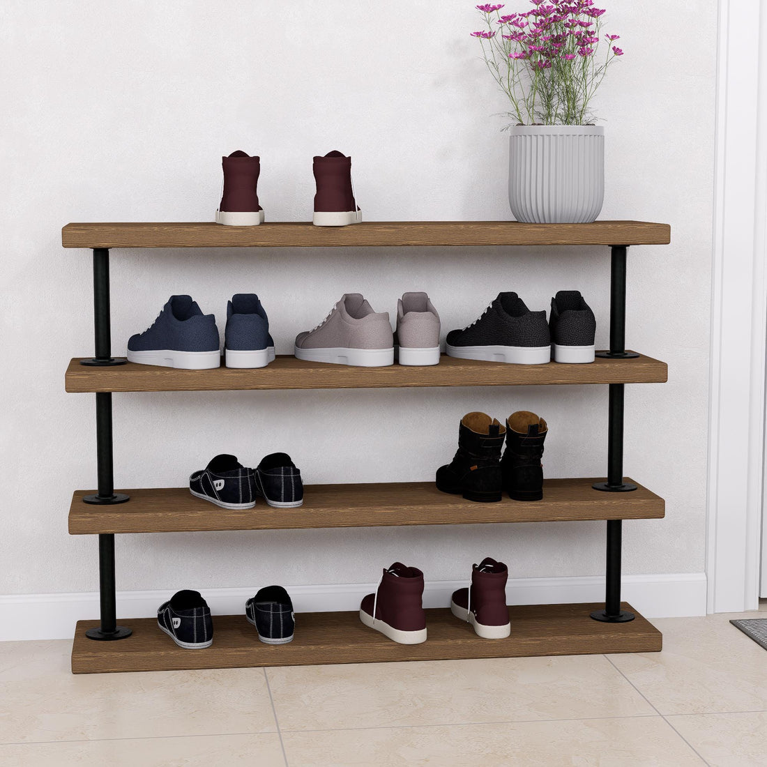 Industrial Pipe Shoe Rack - Tiered Shoe Organizer - Rustic Entryway Shoe Shelf - Heavy Duty Metal &amp; Wood Shoe Storage for Home or Office