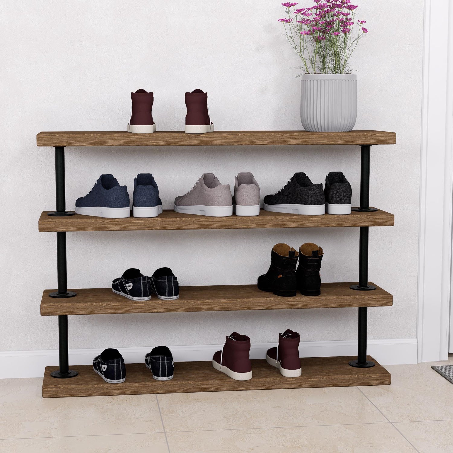 Industrial Pipe Shoe Rack - Tiered Shoe Organizer - Rustic Entryway Shoe Shelf - Heavy Duty Metal &amp; Wood Shoe Storage for Home or Office