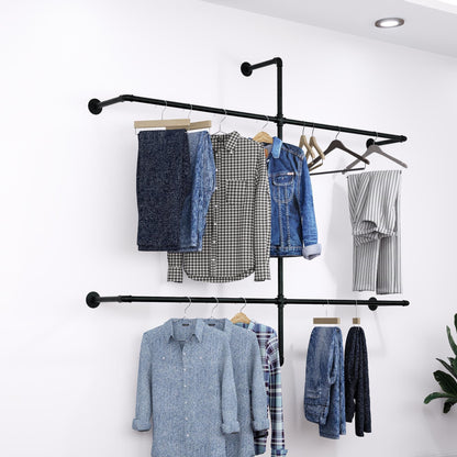 Open Wardrobe Industrial Wall Mounted Clothing Rack Heavy Duty Metal Pipe Garment Rack for Closet, Retail Display, Entryway or Laundry Room