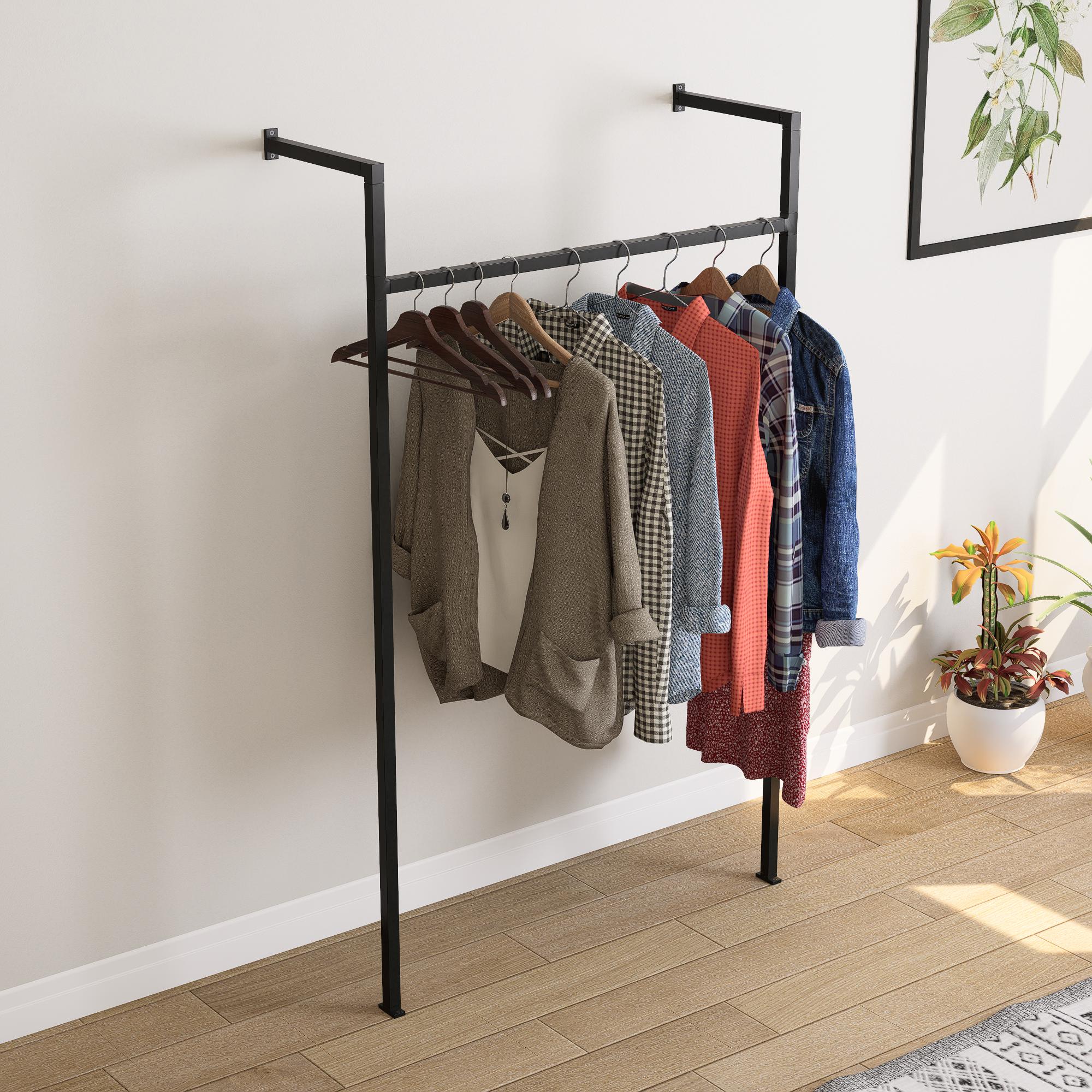 Detachable Wall-Mounted Clothing Rack | Flat Pack Metal Garment Organizer | Minimalist Industrial Closet Rack | Space Saving Hanger Rail