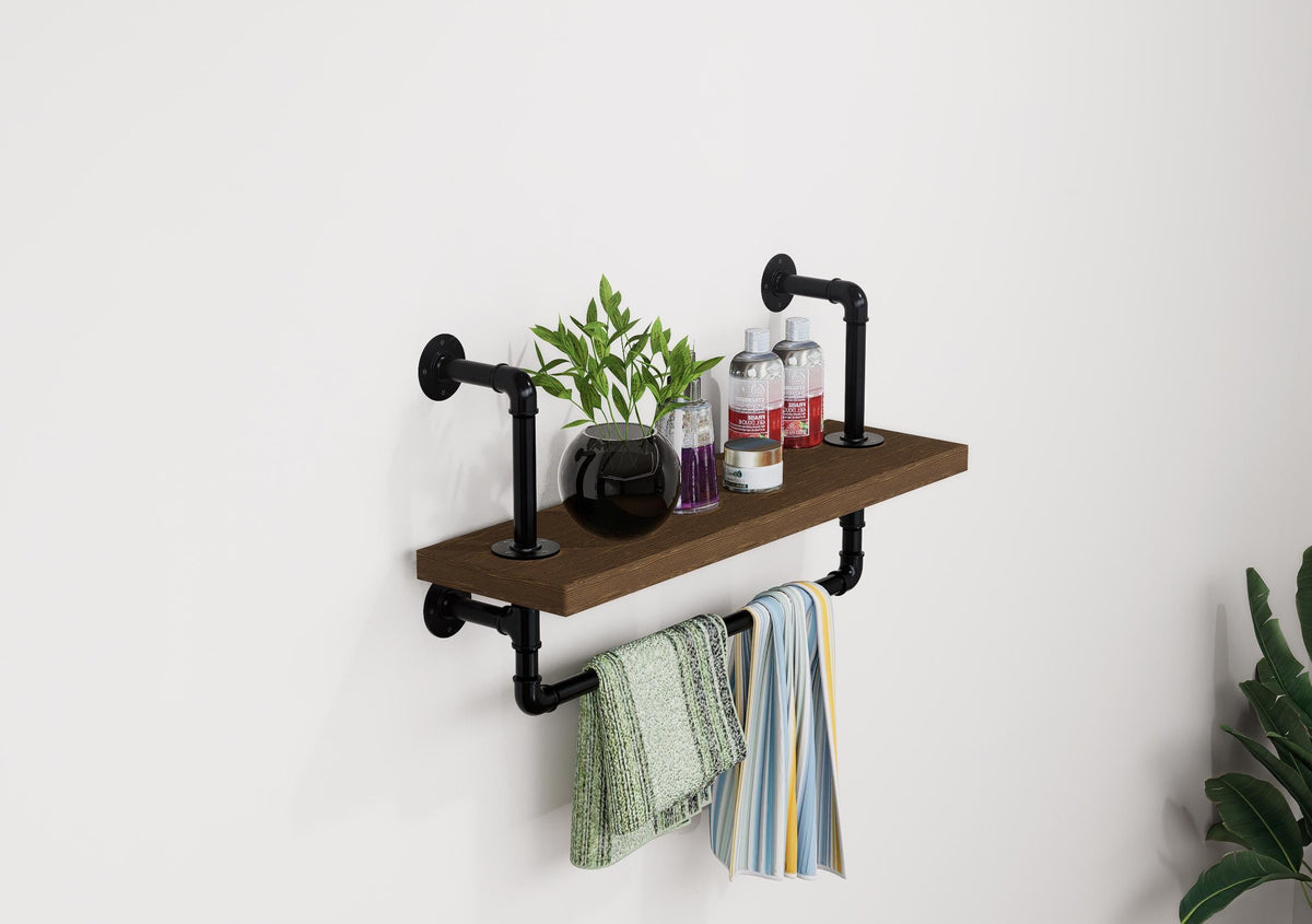 Industrial Pipe Wall Shelf with Towel Bar Rustic Wood Floating Shelf for Bathroom, Kitchen or Entryway Storage Farmhouse Decor