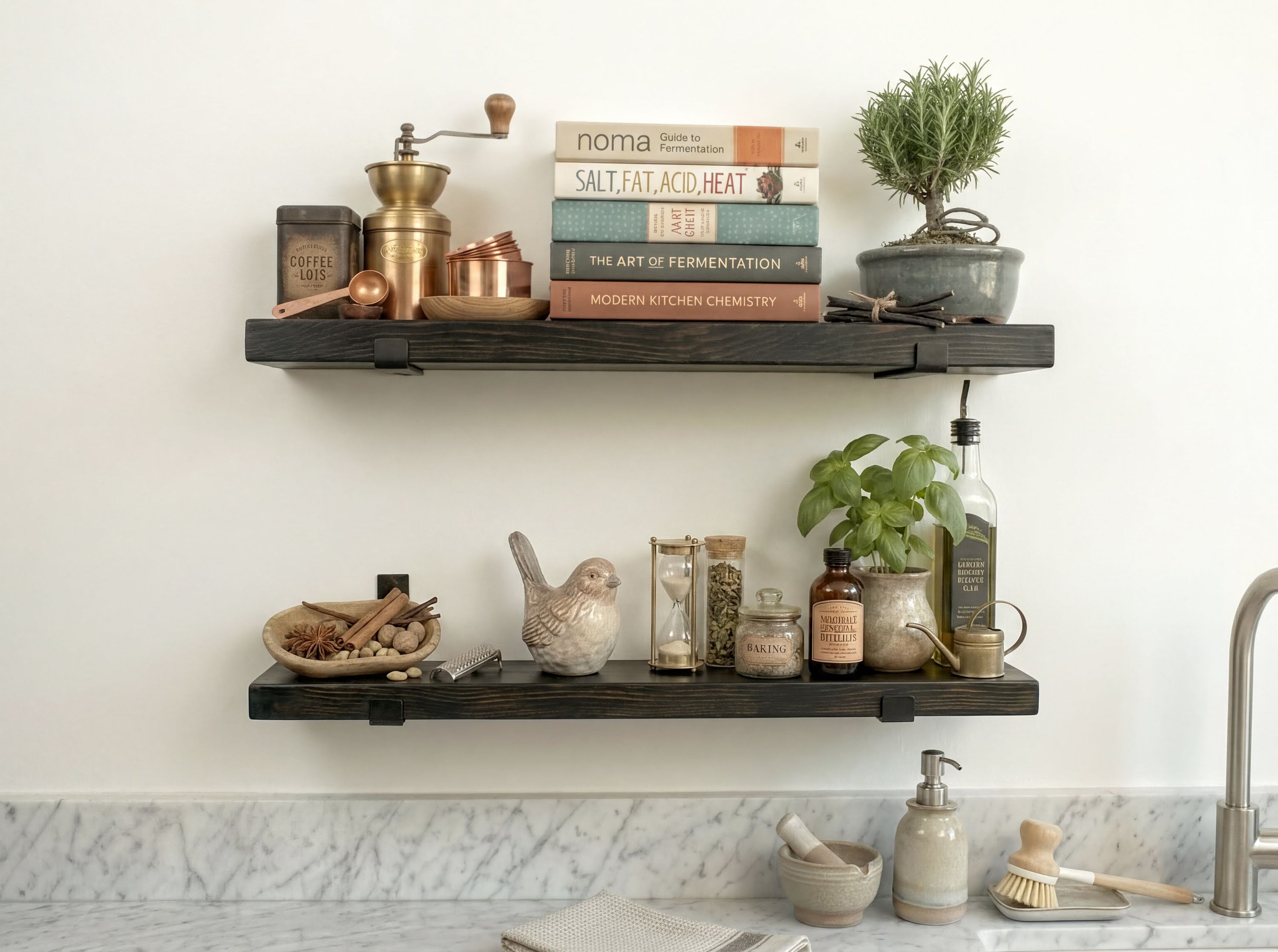 a kitchen counter with two dark wooden shelves displaying various items, including books, a coffee grinder, a potted plant, and other kitchen accessories.
