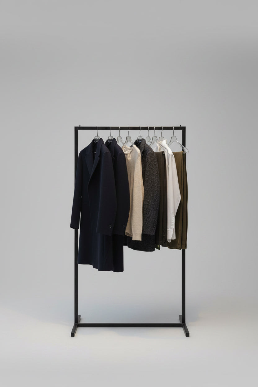 Clothing rack with jackets in a store setting with a city street view outside.