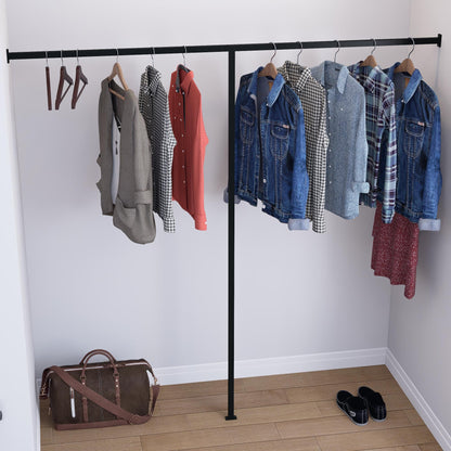 Wall to Wall Clothes Rack | Floor &amp; Wall Mounted Square Tube Rail | Minimalist Industrial Garment Rack for Wardrobes, Boutiques, Homes
