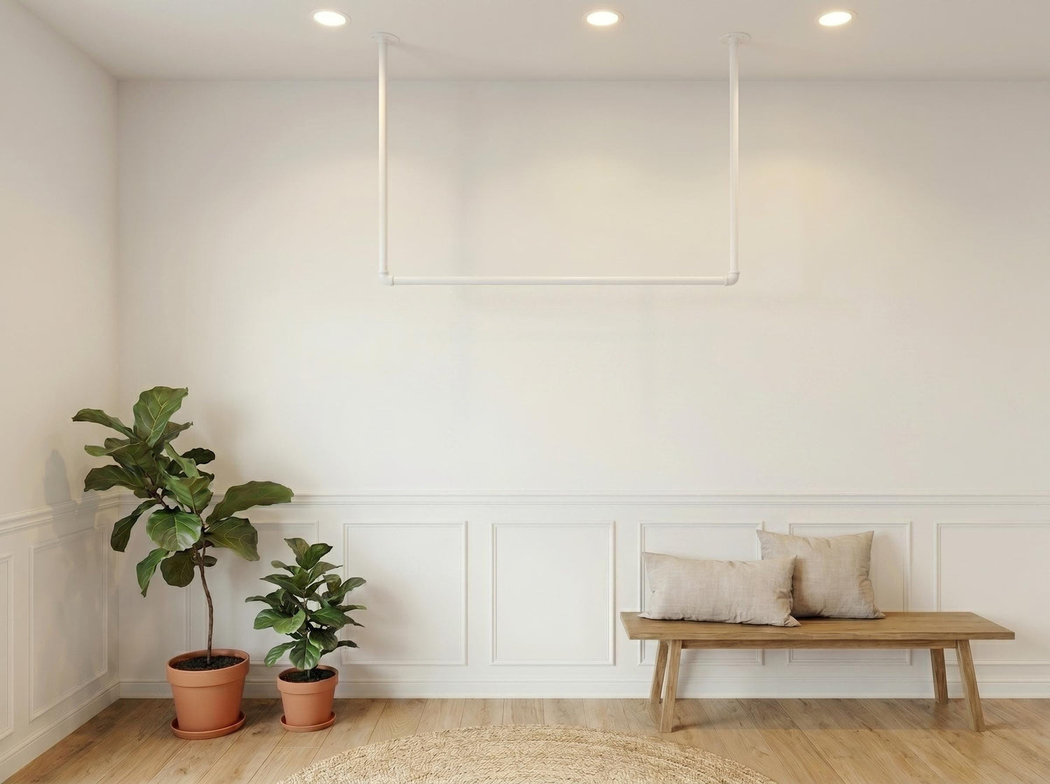Ceiling Mounted Clothes Rail | White Pipe Hanging Garment Rack Scandi Wardrobe Rail | Boutique Retail Display Ceiling Suspended Garment Rail
