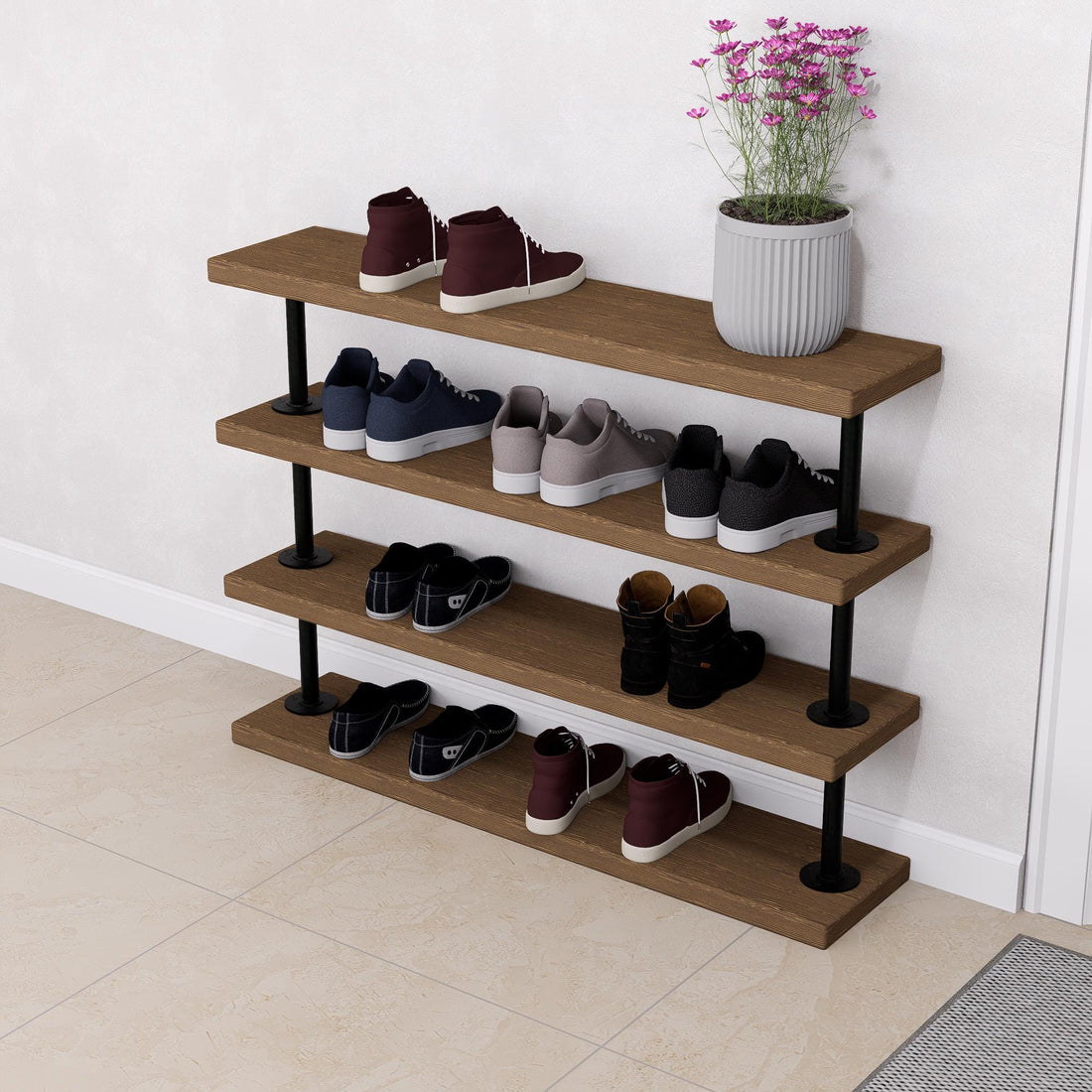Industrial Pipe Shoe Rack - Tiered Shoe Organizer - Rustic Entryway Shoe Shelf - Heavy Duty Metal &amp; Wood Shoe Storage for Home or Office