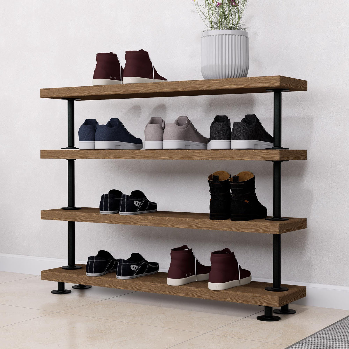 Rustic Tiered Shoe Rack with Wooden Shelves