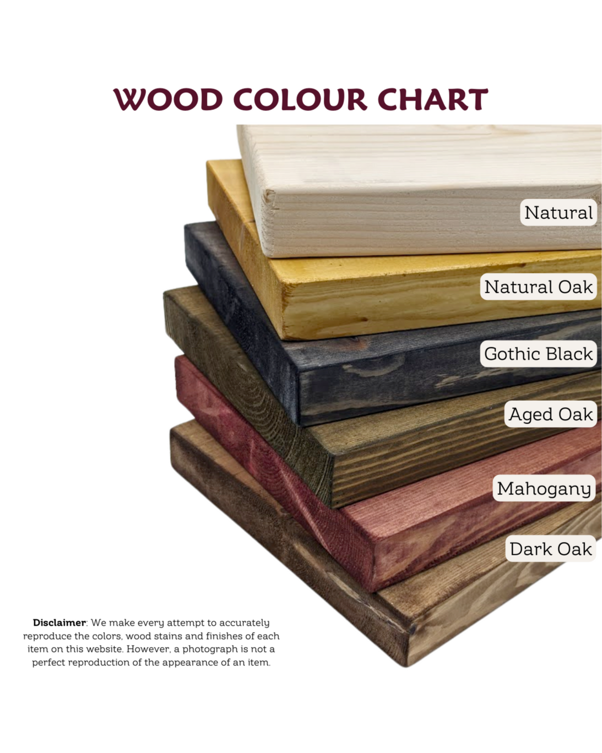 Wood colour chart showing Natural, Natural Oak, Gothic Black, Aged Oak, Mahogany and Dark Oak finishes.
