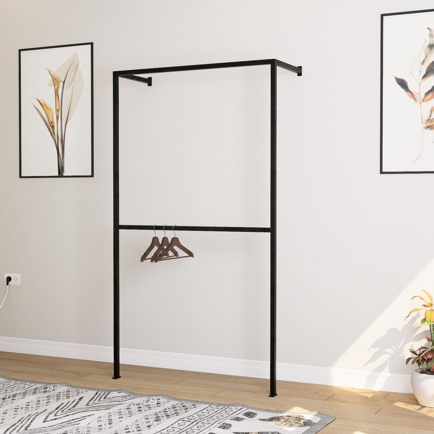 Minimalist wall-mounted clothing rack made from seamless square tube steel, featuring two hanging rails