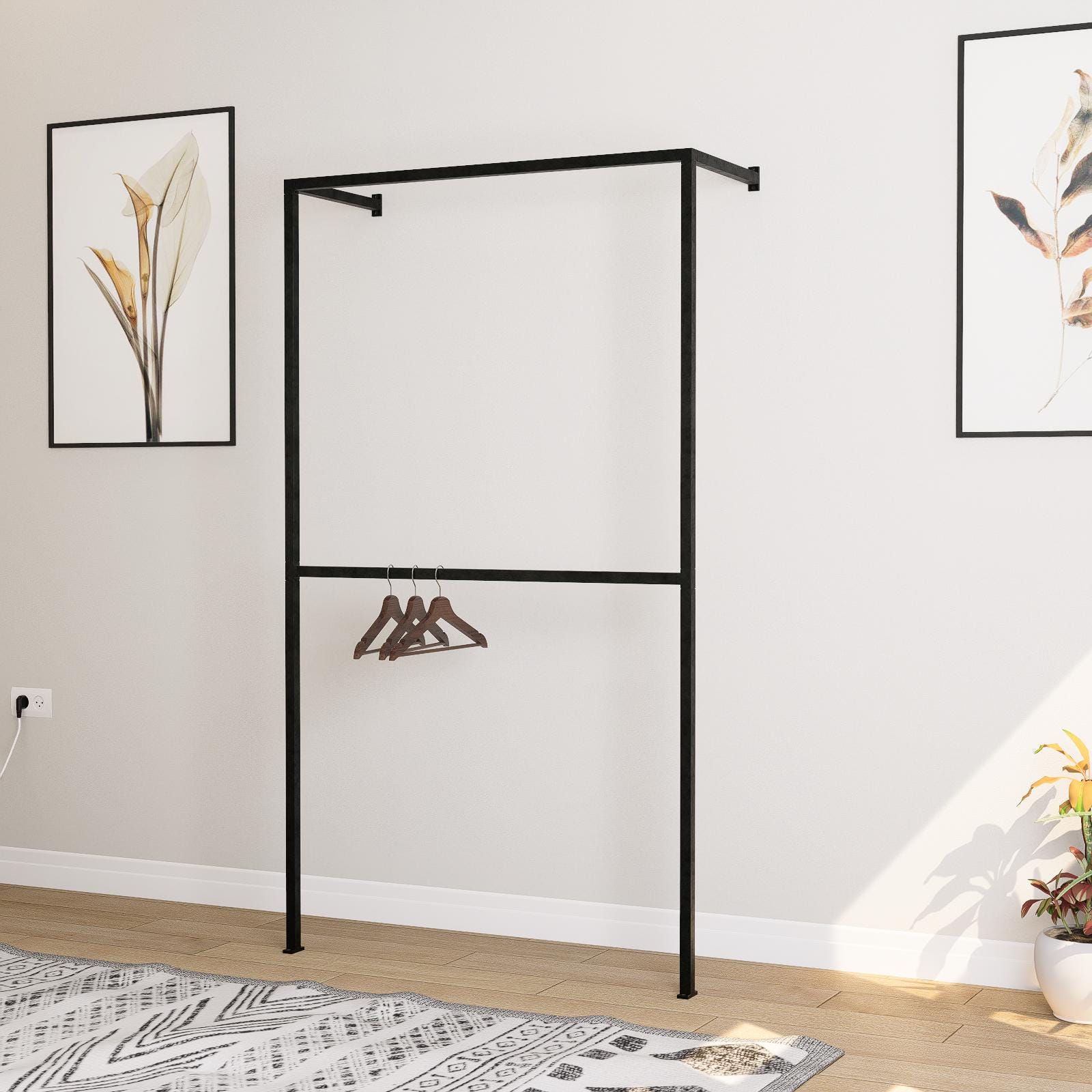 Minimalist wall-mounted clothing rack made from seamless square tube steel, featuring two hanging rails