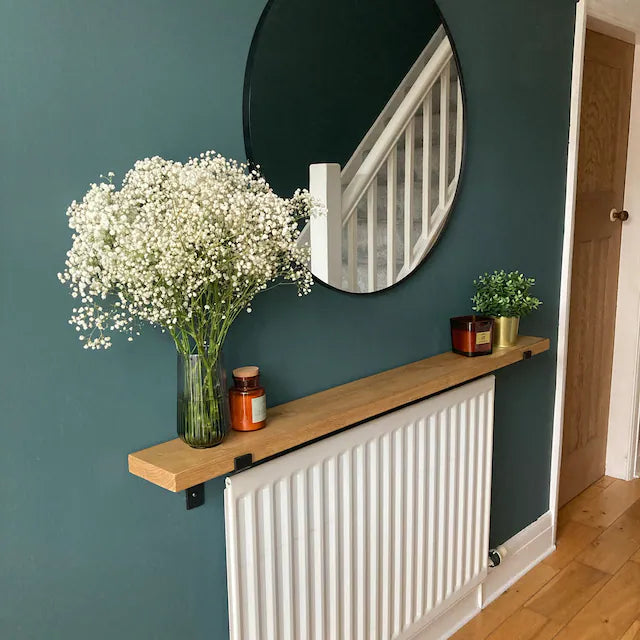 Solid Wood Radiator Shelf with Brackets | Rustic Narrow Hallway Shelf 15 cm deep