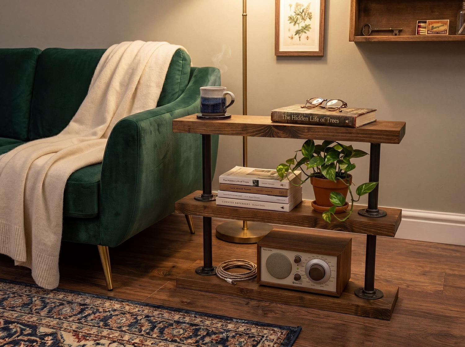 Industrial Pipe &amp; Wood Side Table | Rustic Sofa End Table | Reclaimed Style 3 Tier Shelf | Handmade Living Room Storage | Solid Wood