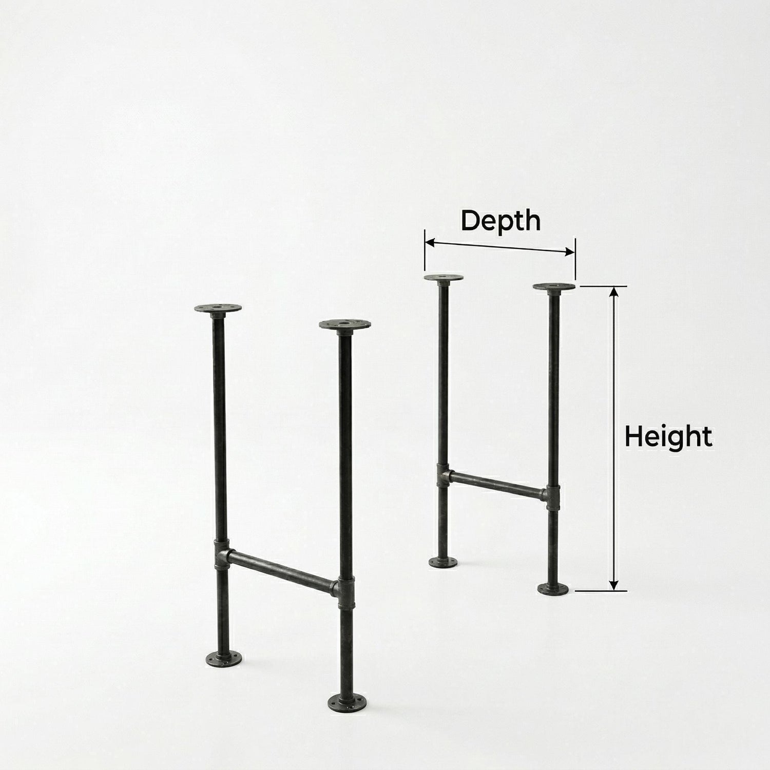 two metal pipe legs with measurements labeled above them, indicating the depth and height of the legs.
