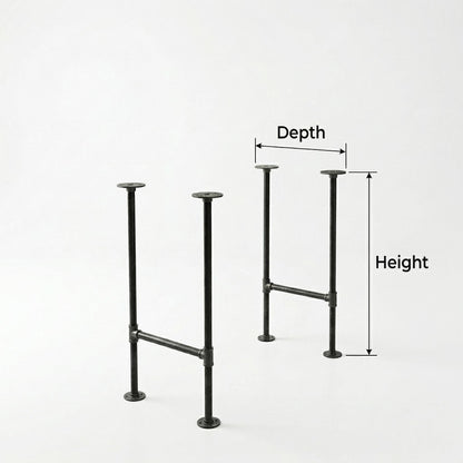 two metal pipe legs with measurements labeled above them, indicating the depth and height of the legs.