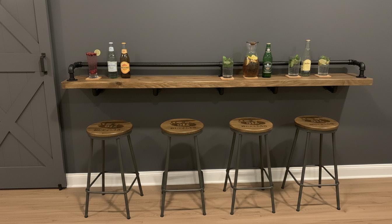 Industrial Style Breakfast &amp; Drinks Bar | Rustic Wall-Mounted Home Bar