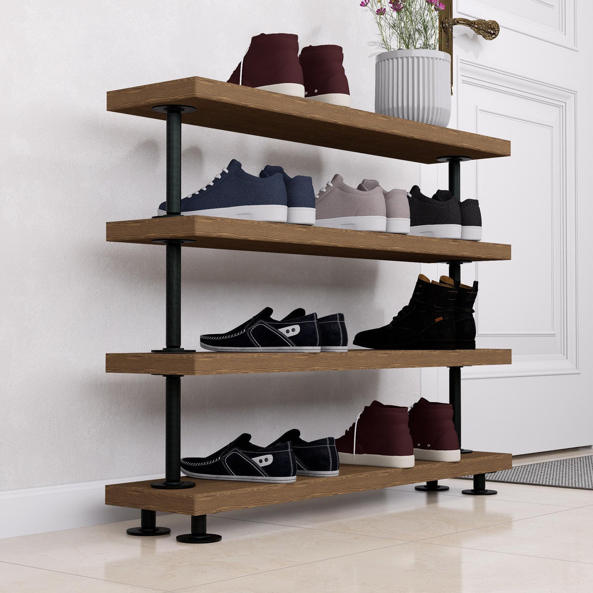 Rustic Tiered Shoe Rack: Wooden Shelves, Industrial Farmhouse Entryway Organizer