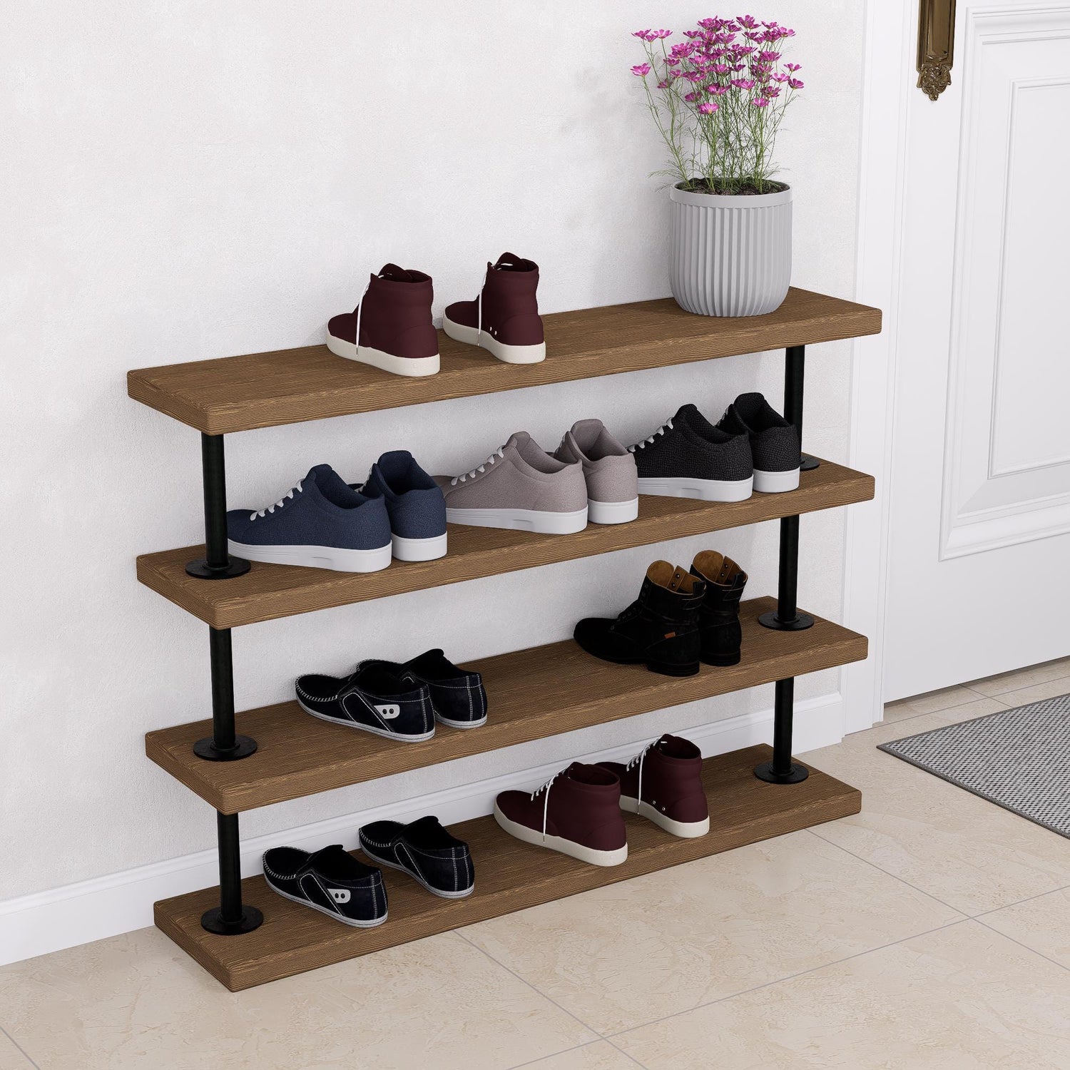 Industrial Pipe Shoe Rack - Tiered Shoe Organizer - Rustic Entryway Shoe Shelf - Heavy Duty Metal &amp; Wood Shoe Storage for Home or Office