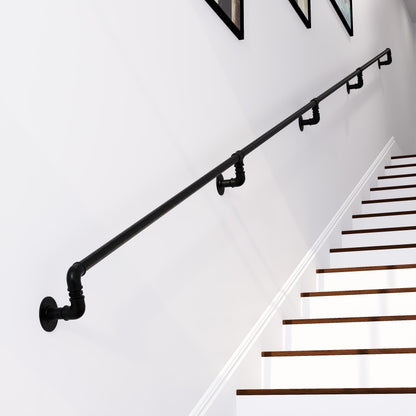 Handmade Cast Iron Stair Hand Rail with Industrial Vintage Pipe Brackets | Urban Retro Bannister Design