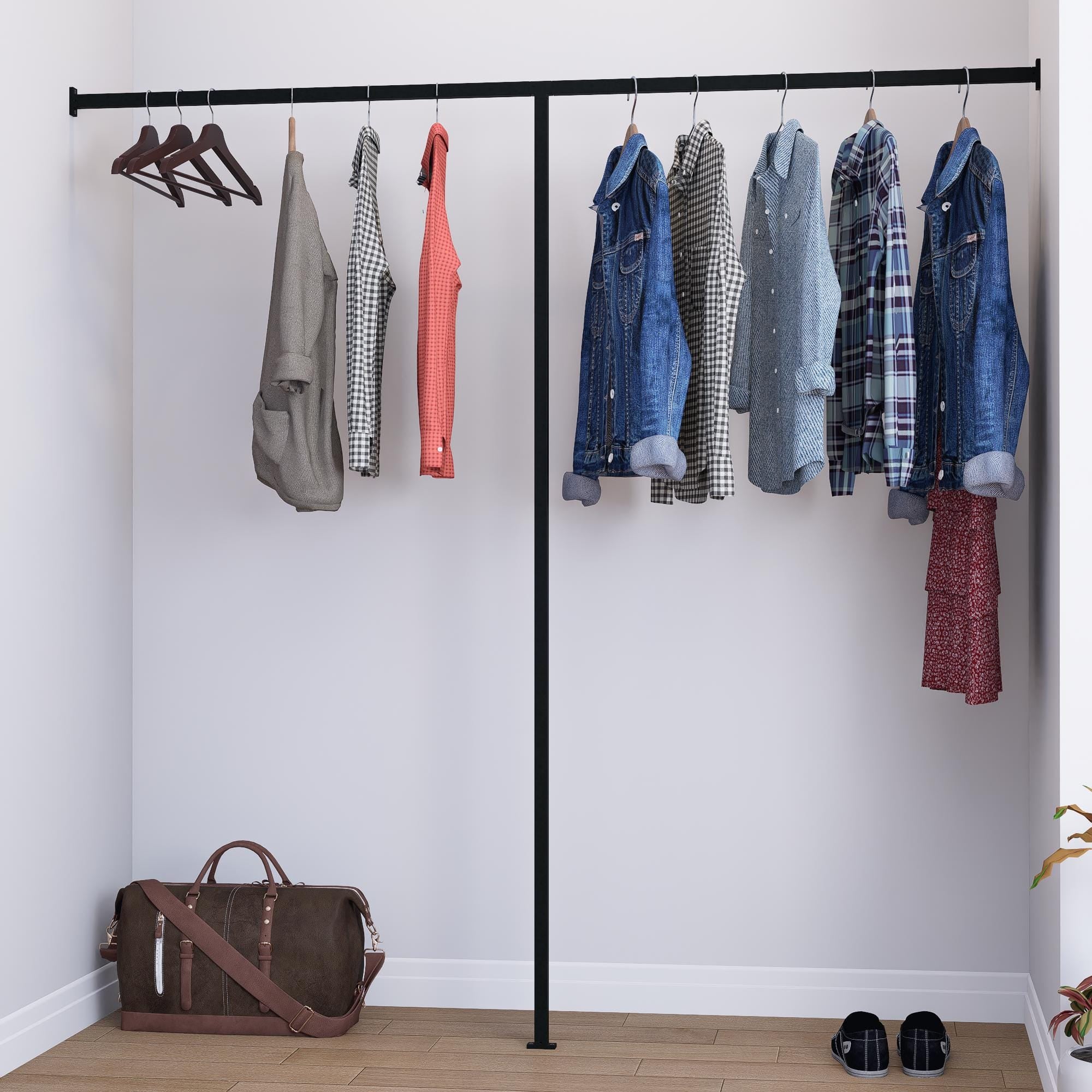 Wall to Wall Clothes Rack | Floor &amp; Wall Mounted Square Tube Rail | Minimalist Industrial Garment Rack for Wardrobes, Boutiques, Homes