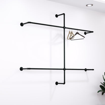 Open Wardrobe Industrial Wall Mounted Clothing Rack Heavy Duty Metal Pipe Garment Rack for Closet, Retail Display, Entryway or Laundry Room