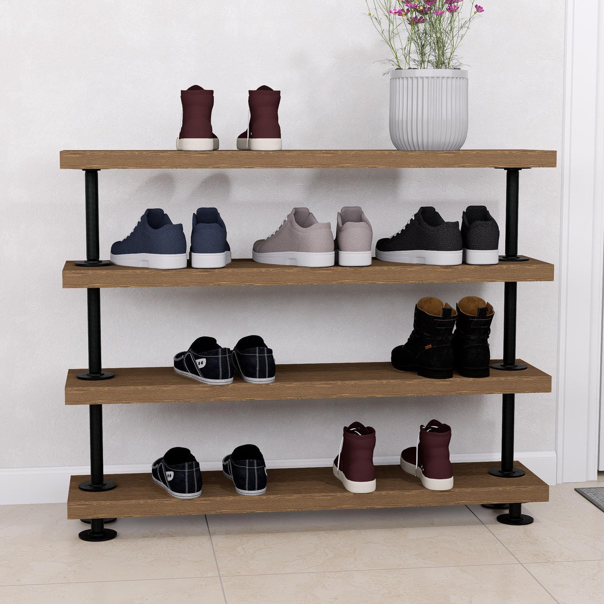 Rustic Tiered Shoe Rack: Wooden Shelves, Industrial Farmhouse Entryway Organizer