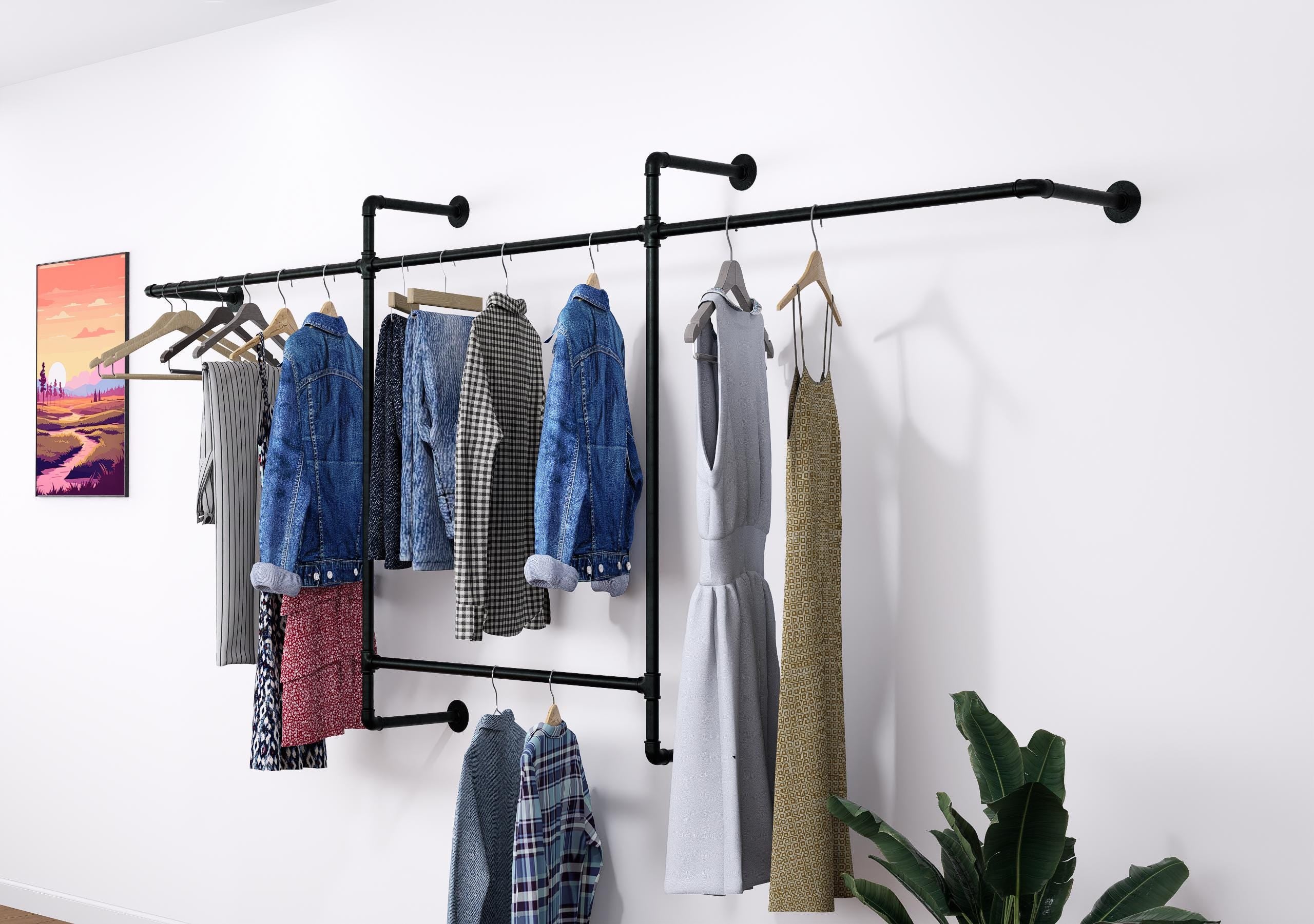 Open Wardrobe Industrial Wall Mounted Clothing Rack Heavy Duty Metal Pipe Garment Rack for Closet, Retail Display, Entryway or Laundry Room