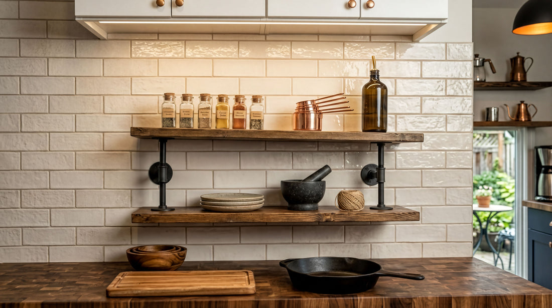 a well-organized kitchen counter with various cooking utensils and ingredients displayed on wooden shelves and a cutting board.
