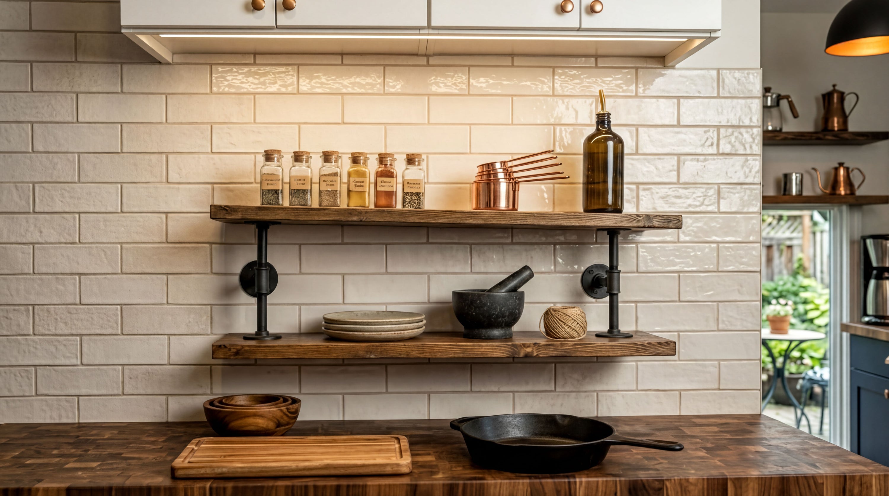 a well-organized kitchen counter with various cooking utensils and ingredients displayed on wooden shelves and a cutting board.
