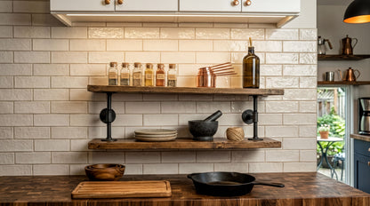 a well-organized kitchen counter with various cooking utensils and ingredients displayed on wooden shelves and a cutting board.