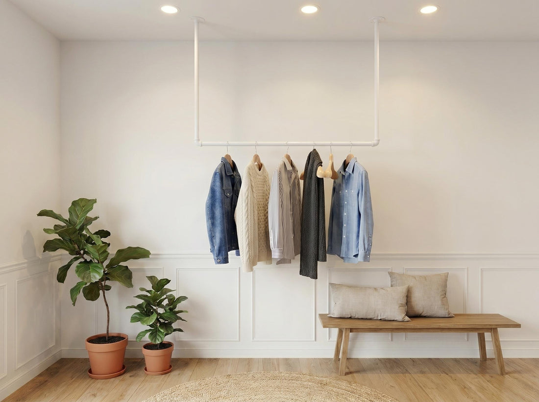 Ceiling Mounted White Pipe Clothes Rail – Scandi