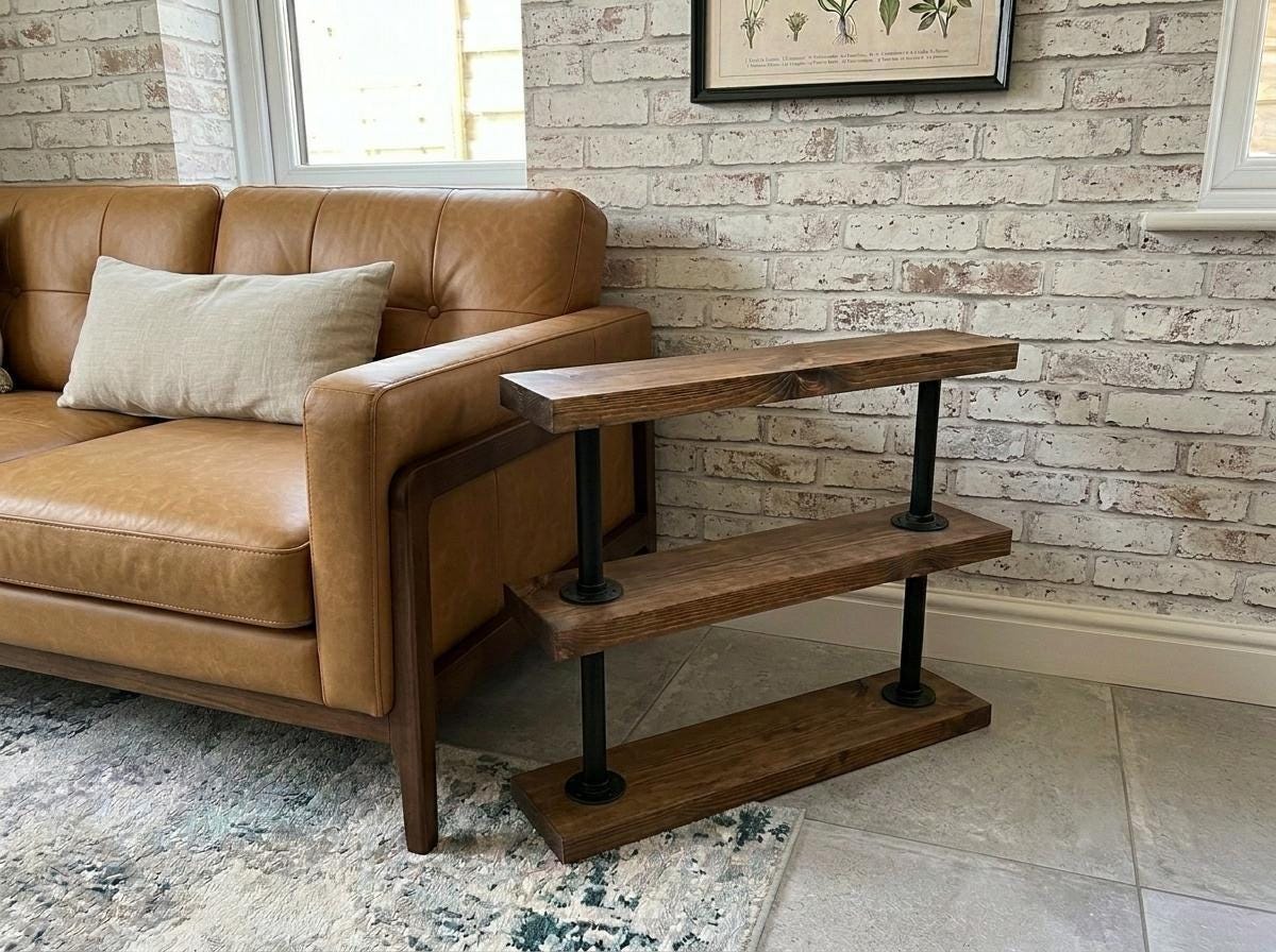 Industrial Pipe &amp; Wood Side Table | Rustic Sofa End Table | Reclaimed Style 3 Tier Shelf | Handmade Living Room Storage | Solid Wood