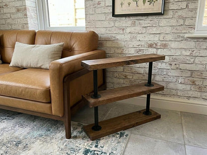 Industrial Pipe &amp; Wood Side Table | Rustic Sofa End Table | Reclaimed Style 3 Tier Shelf | Handmade Living Room Storage | Solid Wood