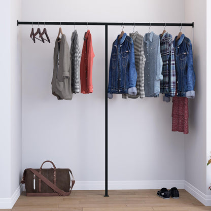 Wall to Wall Clothes Rack | Floor &amp; Wall Mounted Square Tube Rail | Minimalist Industrial Garment Rack for Wardrobes, Boutiques, Homes