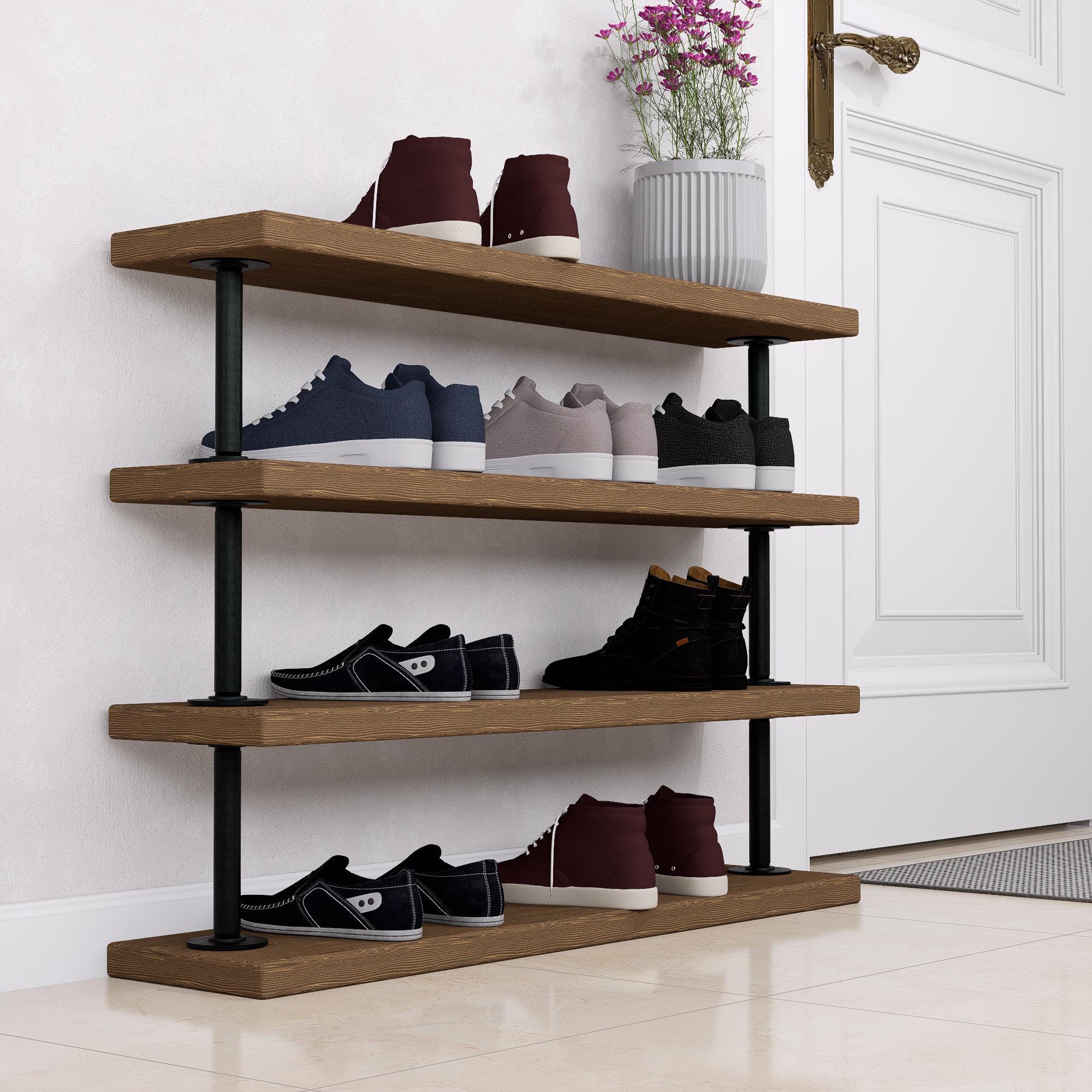 Industrial Pipe Shoe Rack - Tiered Shoe Organizer - Rustic Entryway Shoe Shelf - Heavy Duty Metal &amp; Wood Shoe Storage for Home or Office