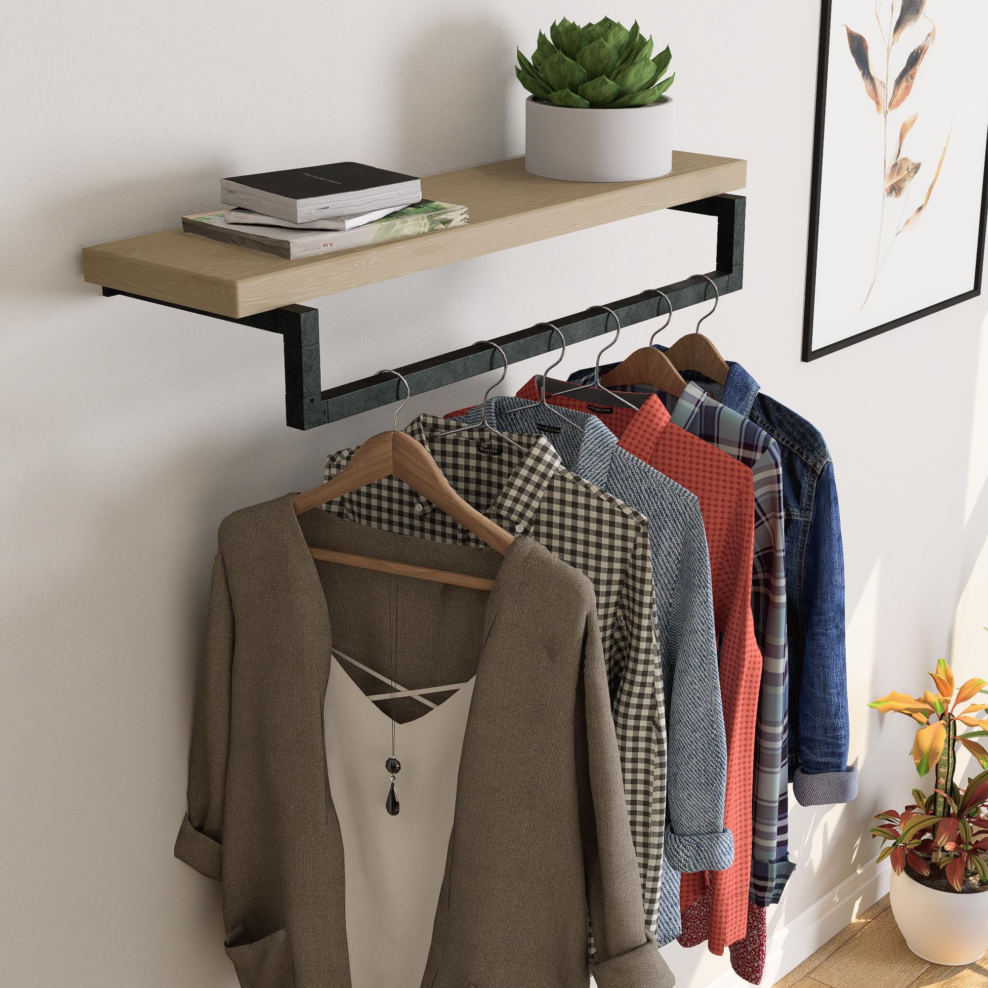 Wall Mounted Clothes Rack with Shelf: Industrial Metal &amp; Wood Hanging Rail