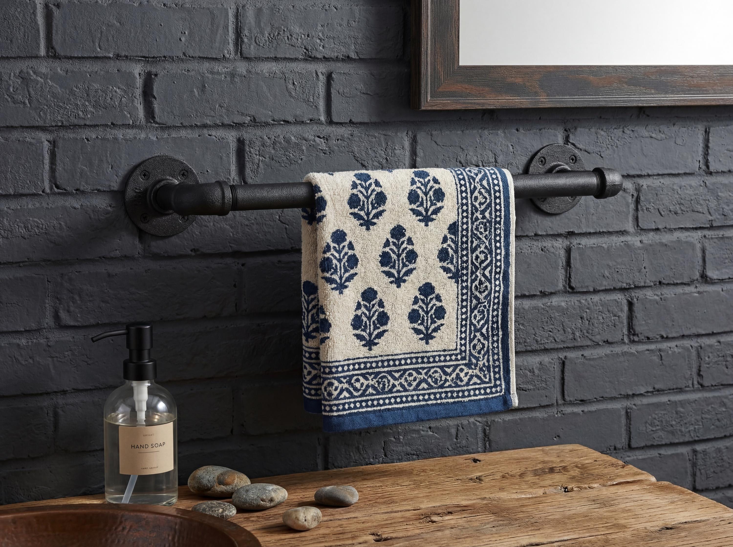 Farmhouse Hand Towel Rail  Industrial Pipe Towel Bar - Custom Length Rustic Bathroom Decor - Black Iron Kitchen Pot Rack