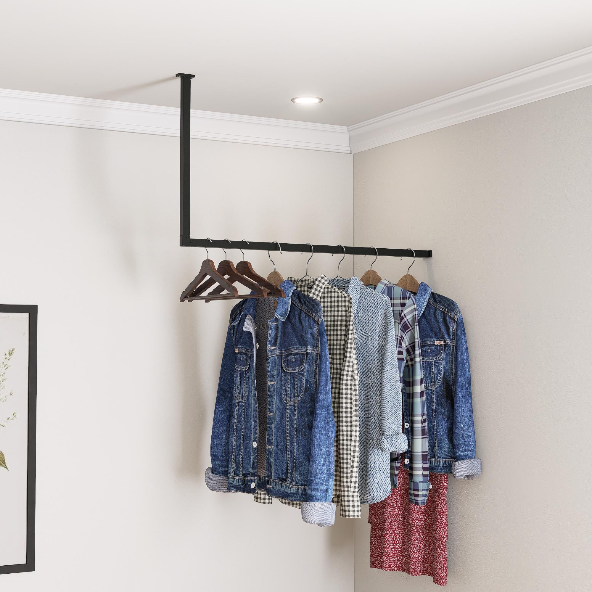 L-Shaped Ceiling Mounted Clothing Rack – Custom Iron Closet Rod for Corner Spaces, Retail, Entryway or Bedroom – Heavy Duty &amp; Stylish