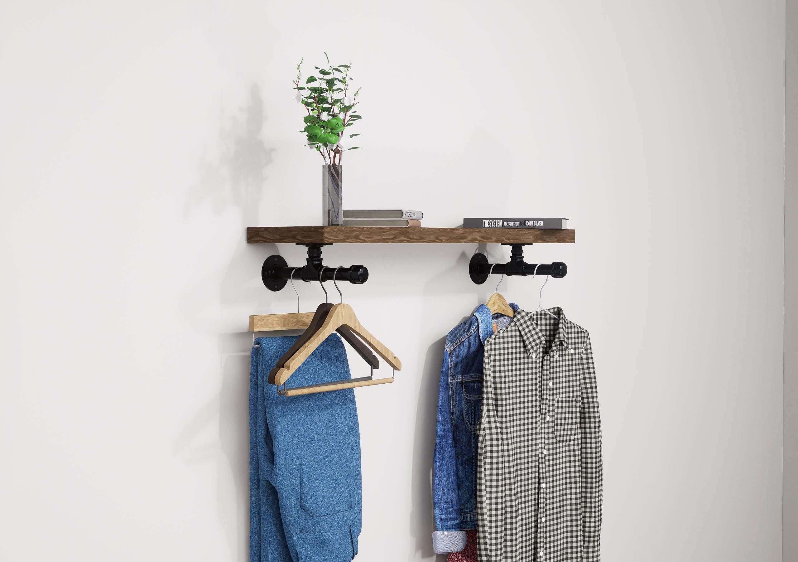 Wall-mounted industrial shelf with a wooden shelf and metal pipe fittings, featuring a hanging rail for clothes storage.