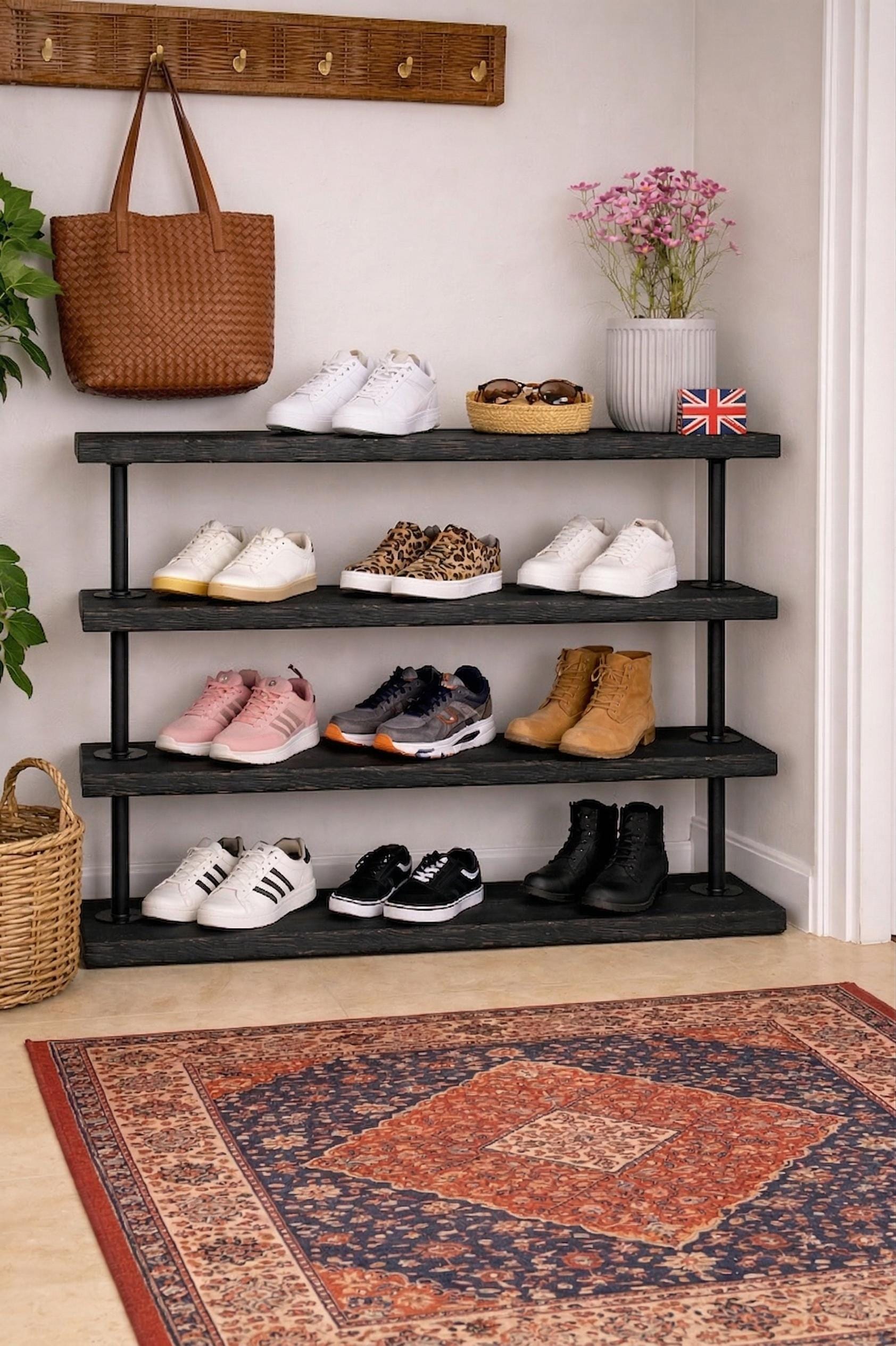 Industrial Pipe Shoe Rack, Tiered Rustic Shoe Shelf Organizer, Heavy Duty Metal &amp; Wood Entryway Shoe Storage, Farmhouse Mudroom Decor