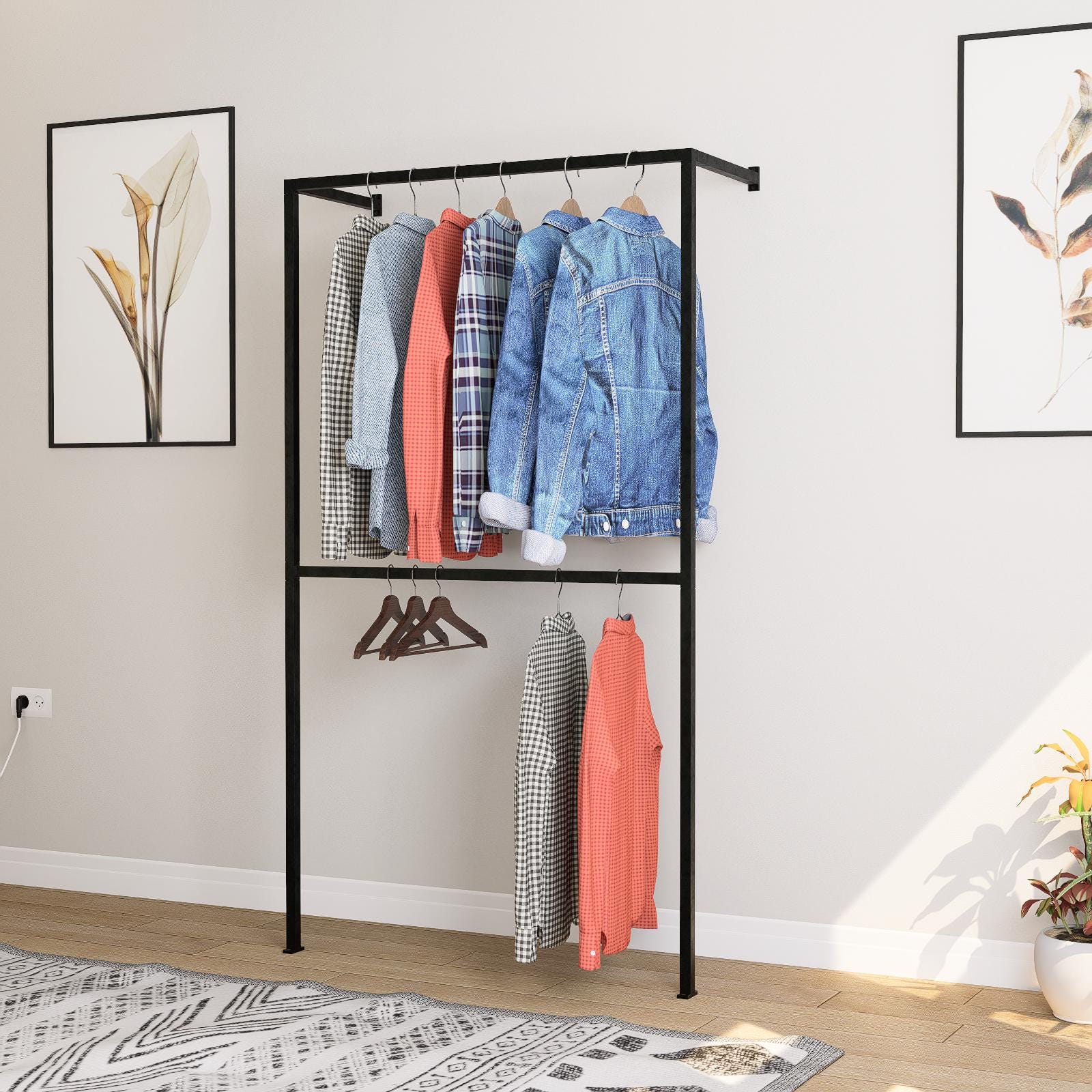 Minimalist wall-mounted clothing rack made from seamless square tube steel, featuring two hanging rails