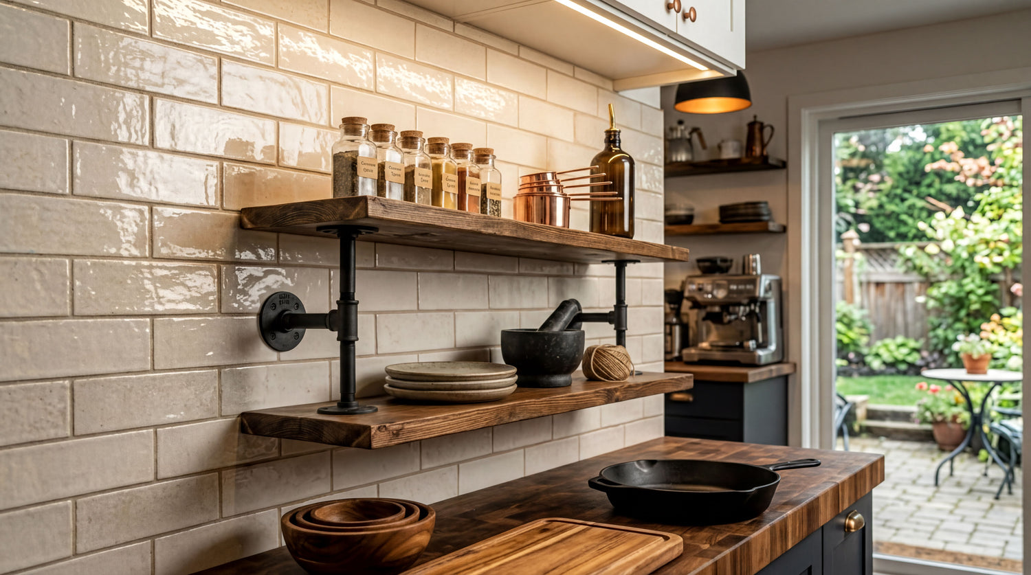 a kitchen with a wooden countertop, shelves, and various kitchen items such as bottles, cups, and a coffee maker. The kitchen has a rustic, vintage-inspired design with exposed brick walls and a tiled backsplash.
